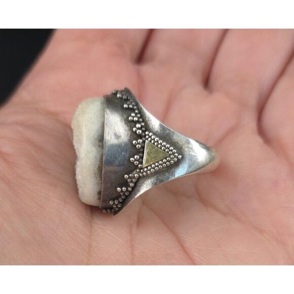 Vntg 925 Sterling Silver Statement Ring White Druzy Quartz Intricate Metalwork - Picture 6 of 13